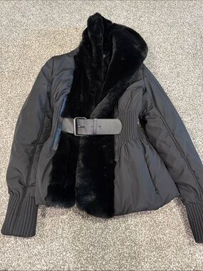 Bebe Black Fur Trim Jacket with Belt